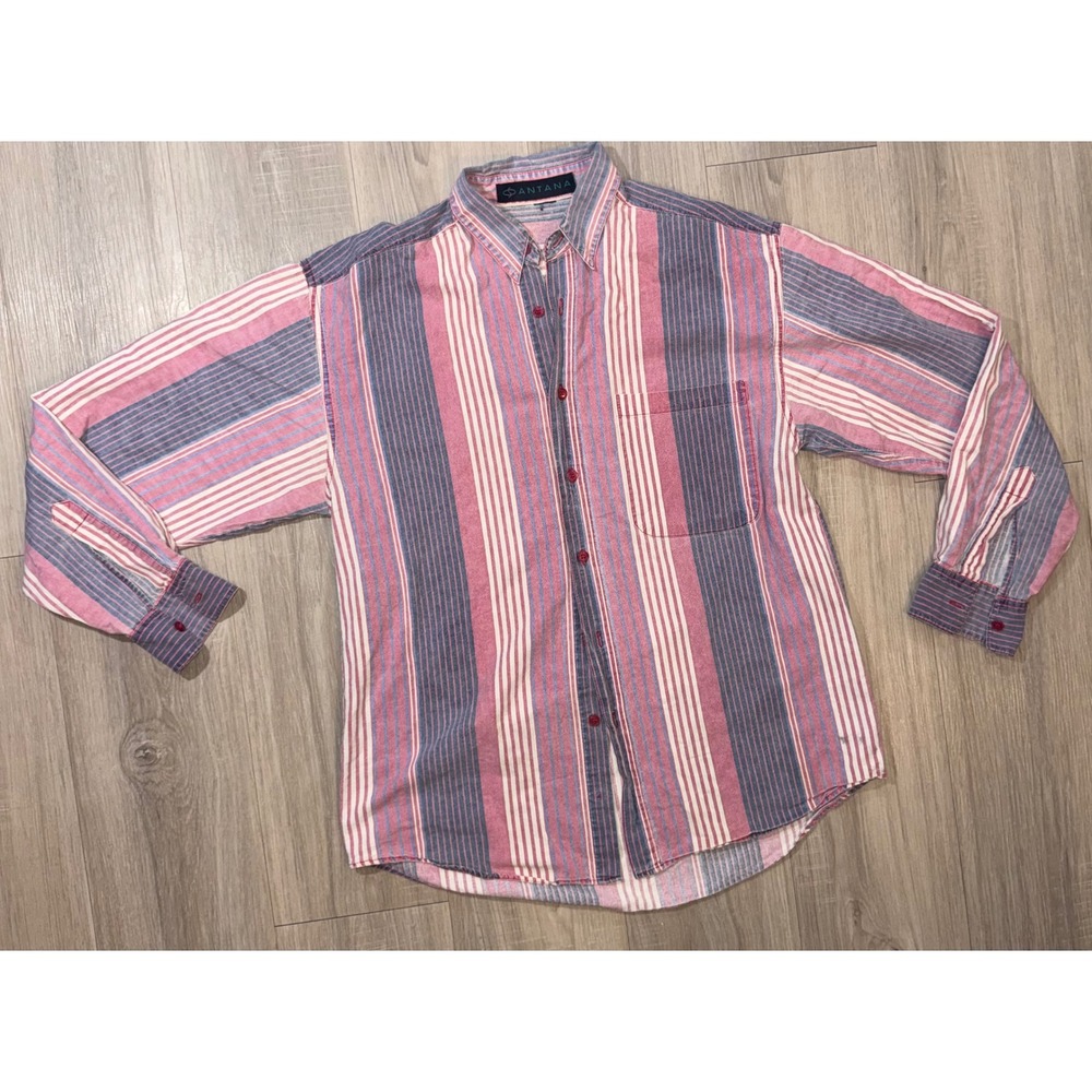 Vintage Santana Mens Long Sleeve Striped Button Down Shirt Red Blue White